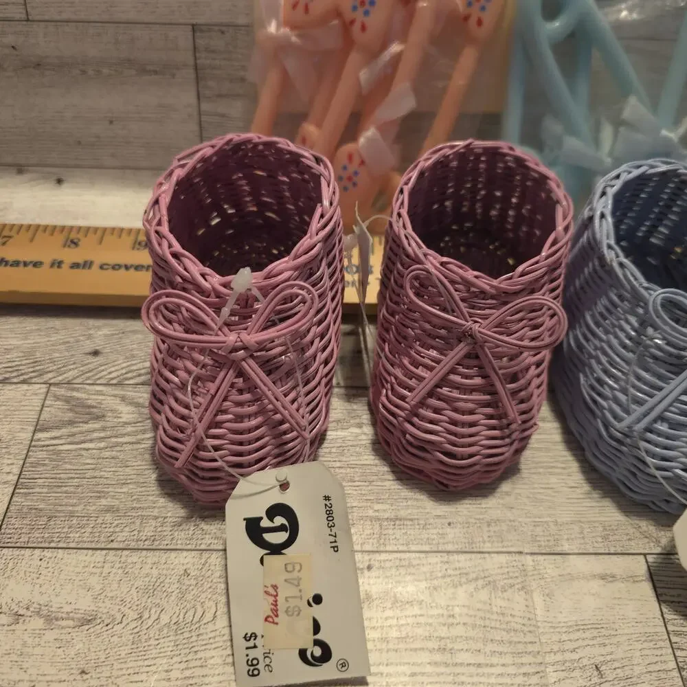 Vintage‎ Baby Shower Decor Plastic Diaper Pins Wicker Baby Shoes